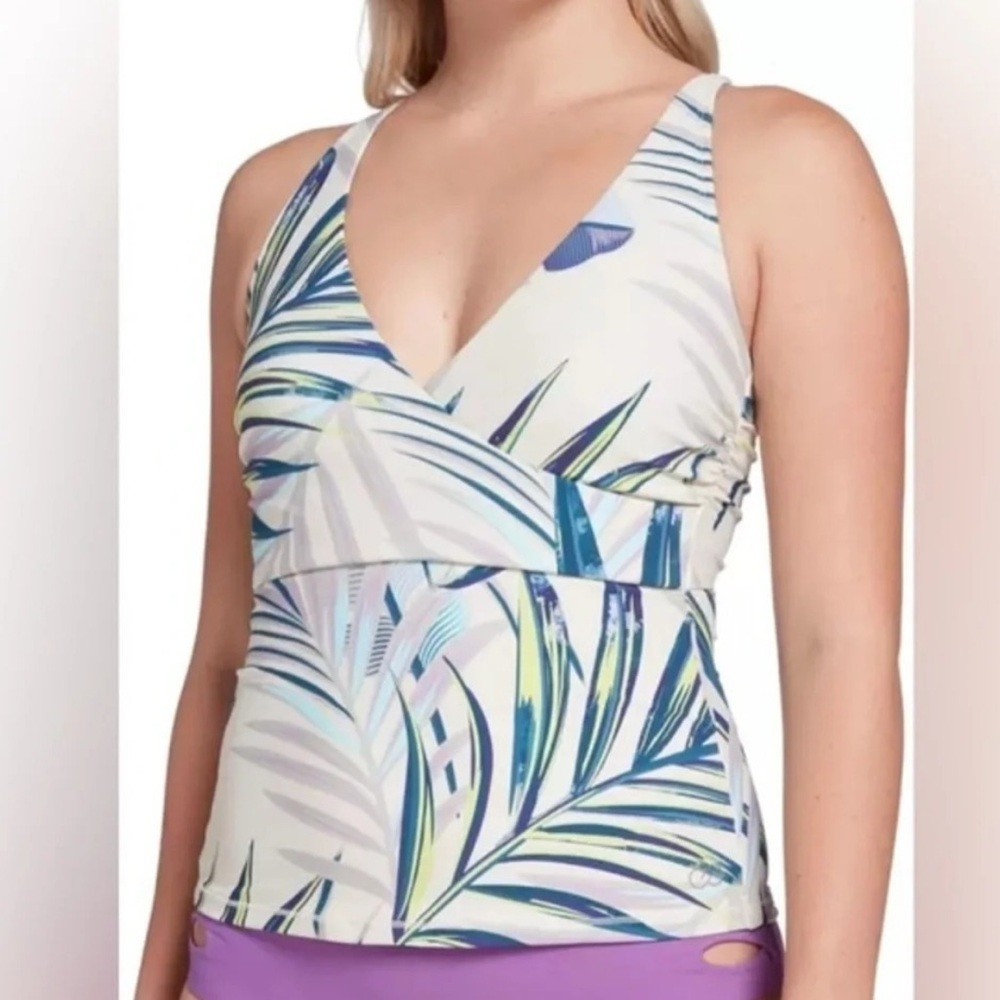 Calia By Carrie Underwood Strappy Ruched Tankini Top Paradise Palm Sharp Green